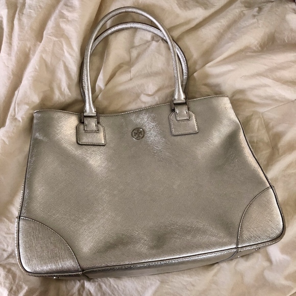 Tory Burch Handbags - Tory Burch Tote Silver Metallic Like New